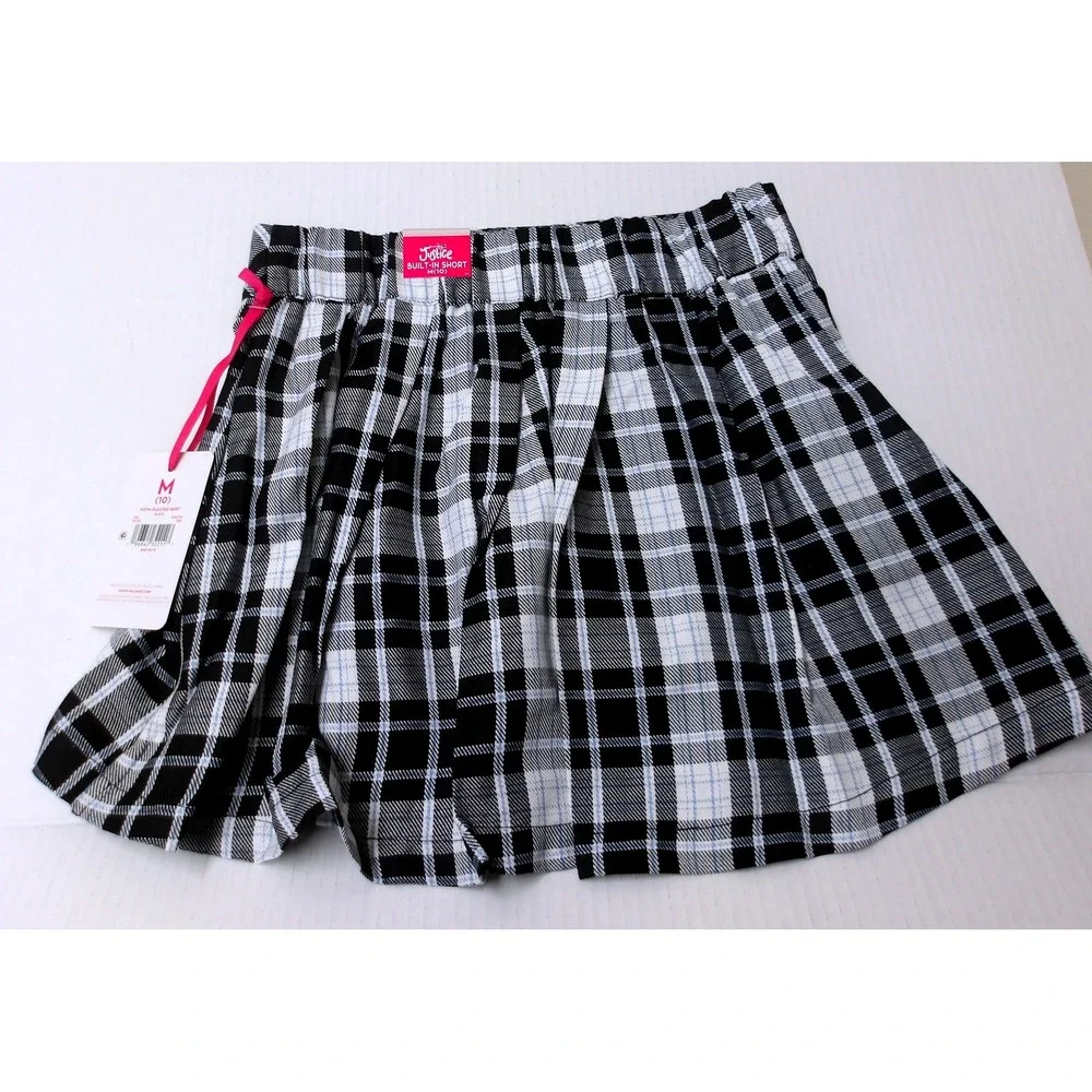 Justice Girls Plaid Pleated Skirt Skort Black White Blue‎ Girls L (12/14) #26103